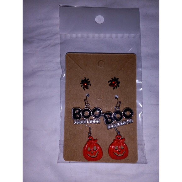 Halloween Earrings Set of 3 Spiders Boo Jack-o-Lanterns Studs Dangle Rhinestones - Picture 1 of 5